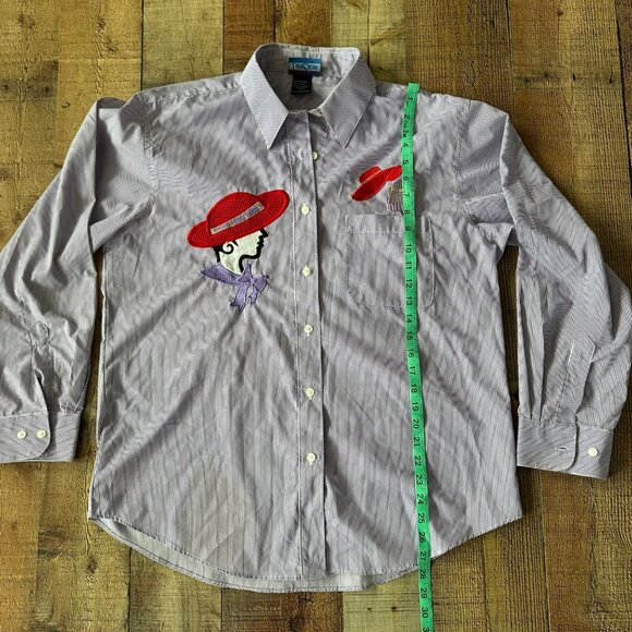 Las Olas Purple Striped Button-Up Shirt With Embroidered Red Hat Lady Design - Picture 4 of 9